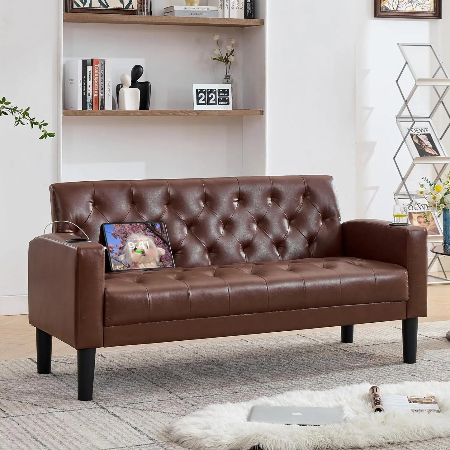 Zhuxiang Loveseat Sofa With Usb Ports And Cupholders