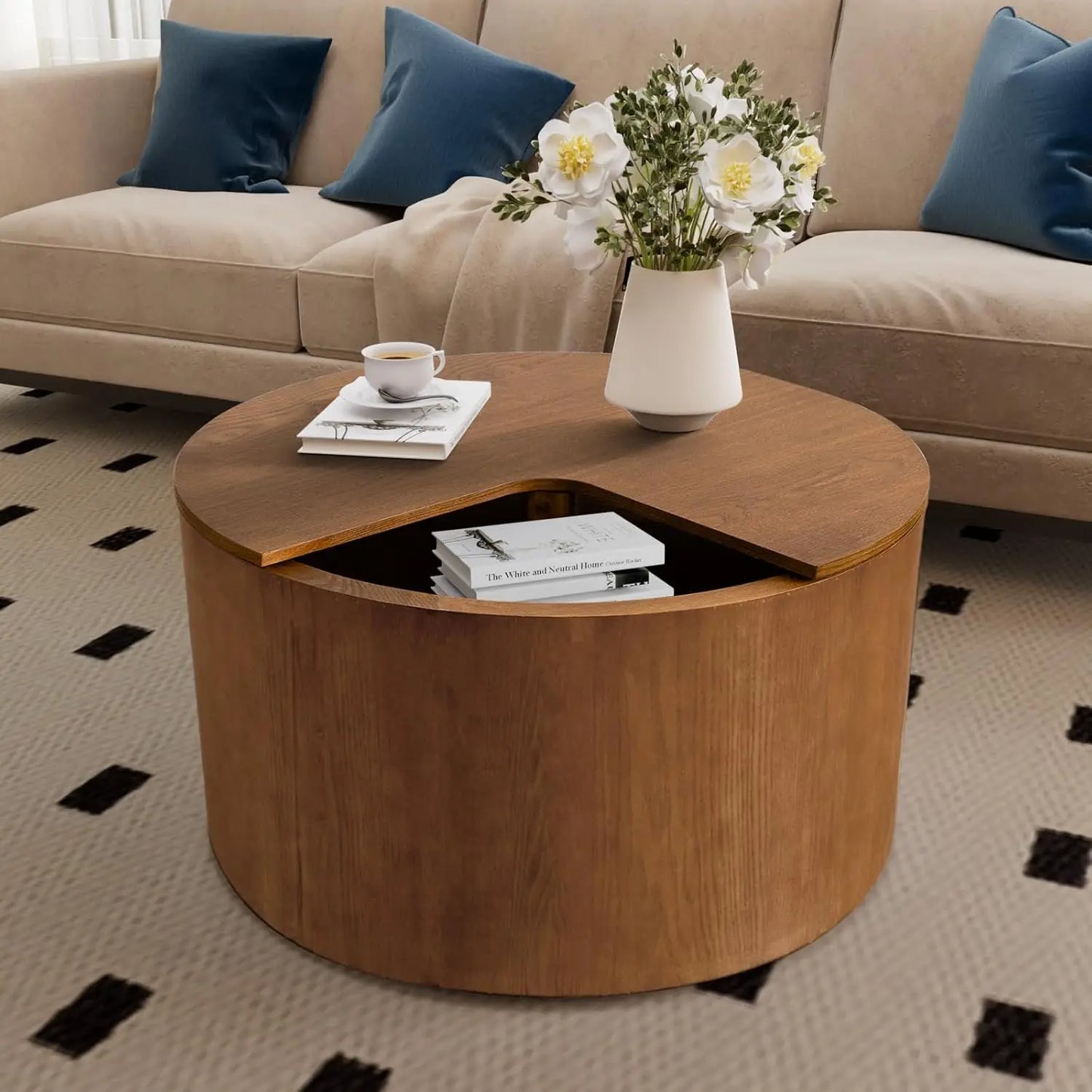 ZHUOTING Round Coffee Table With Storage 360 Degree Rotating Top