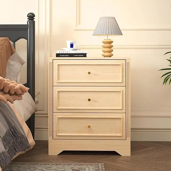 MKDK Farmhouse Nightstand With Three Drawers Carved Sides