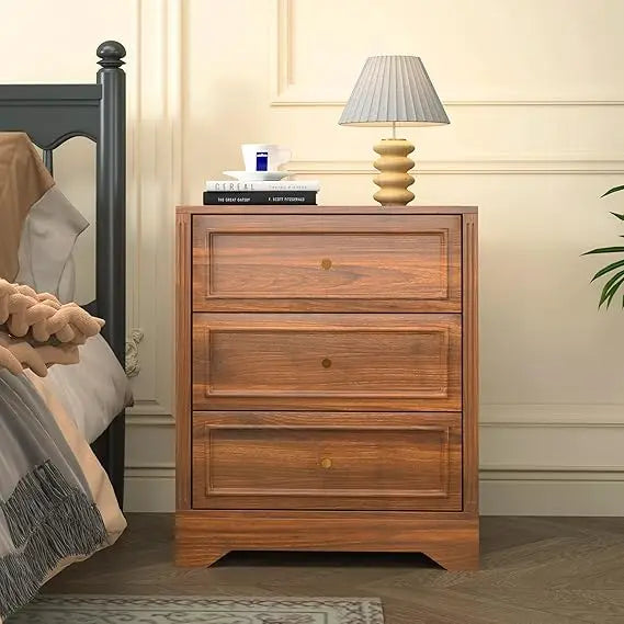 MKDK Farmhouse Nightstand With Three Drawers Carved Sides