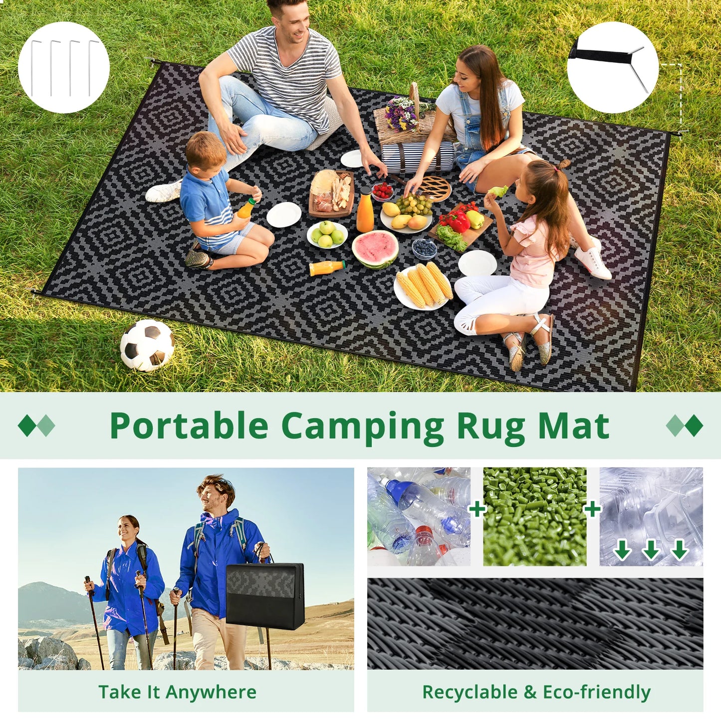 Outdoor Camping Rug Waterproof Reversible Stain Resistant UV