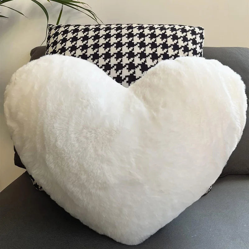 Faux Rabbit Fur Heart Pillow Plush Throw Cushion Valentines