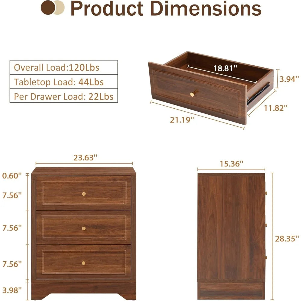 MKDK Farmhouse Nightstand With Three Drawers Carved Sides
