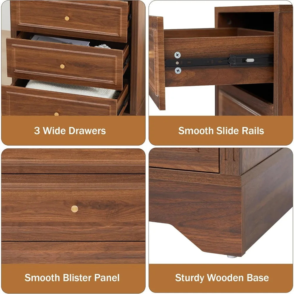 MKDK Farmhouse Nightstand With Three Drawers Carved Sides