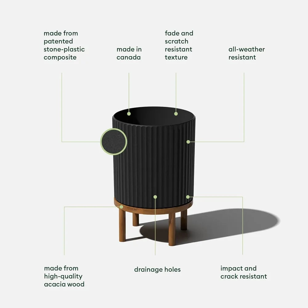 Jiaoying Round Planter With Wooden Stand For Patio Decor