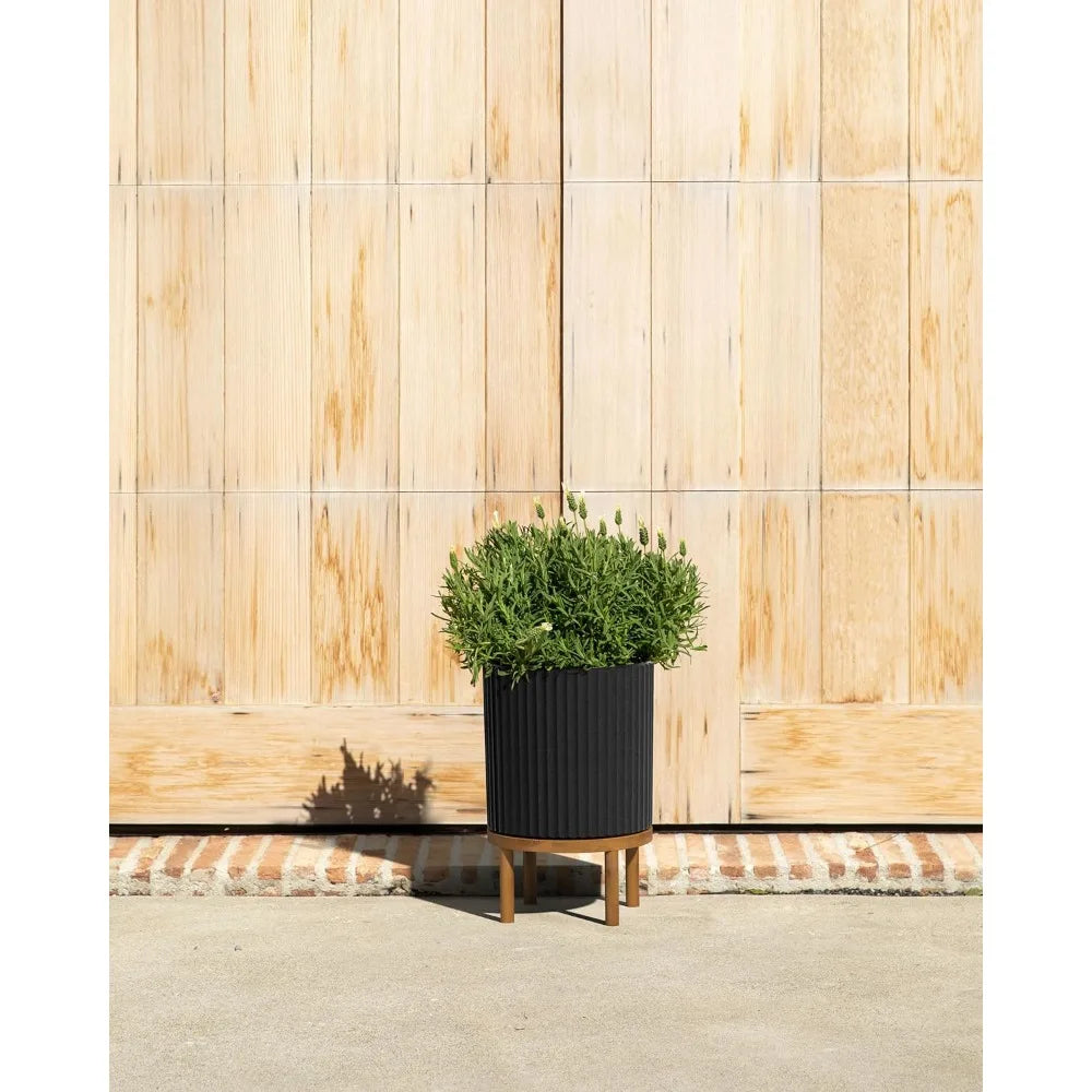 Jiaoying Round Planter With Wooden Stand For Patio Decor