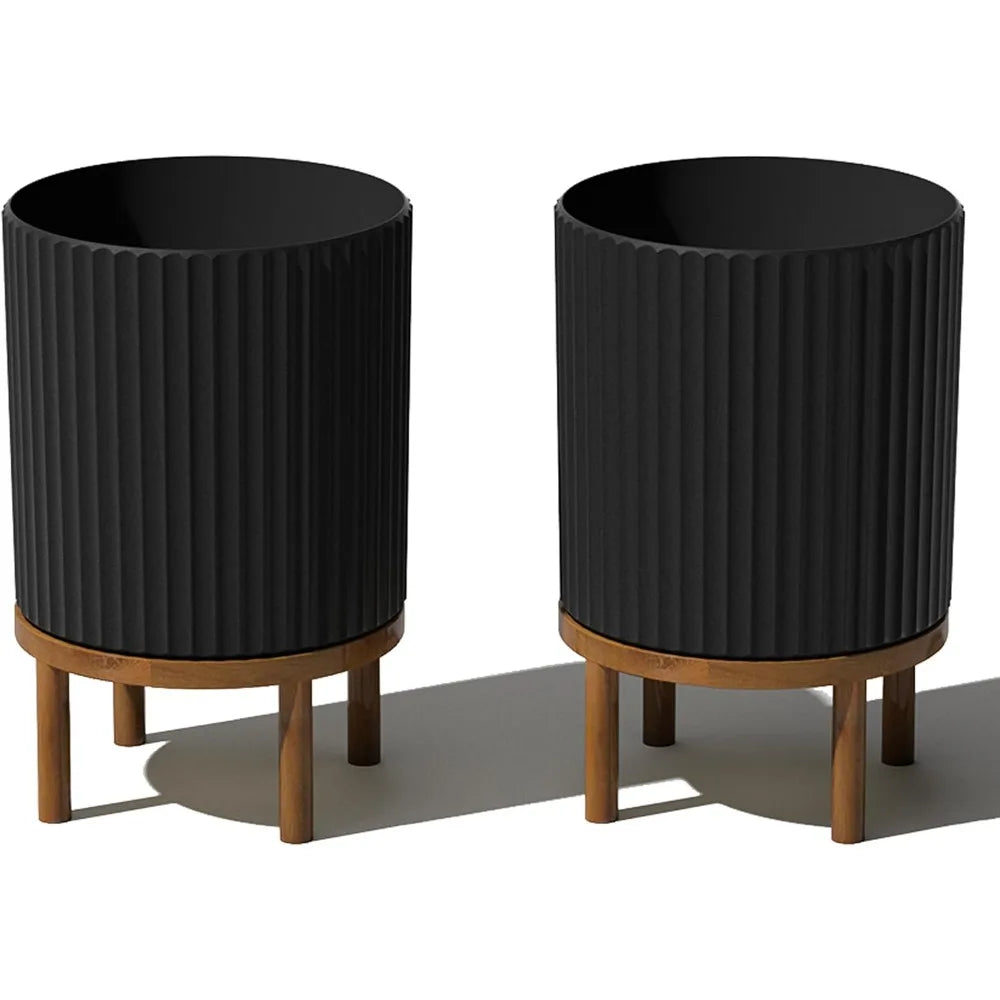 Jiaoying Round Planter With Wooden Stand For Patio Decor