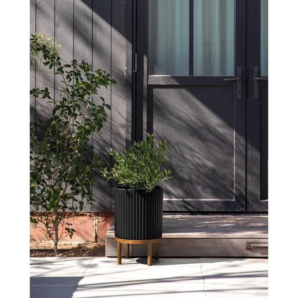 Jiaoying Round Planter With Wooden Stand For Patio Decor