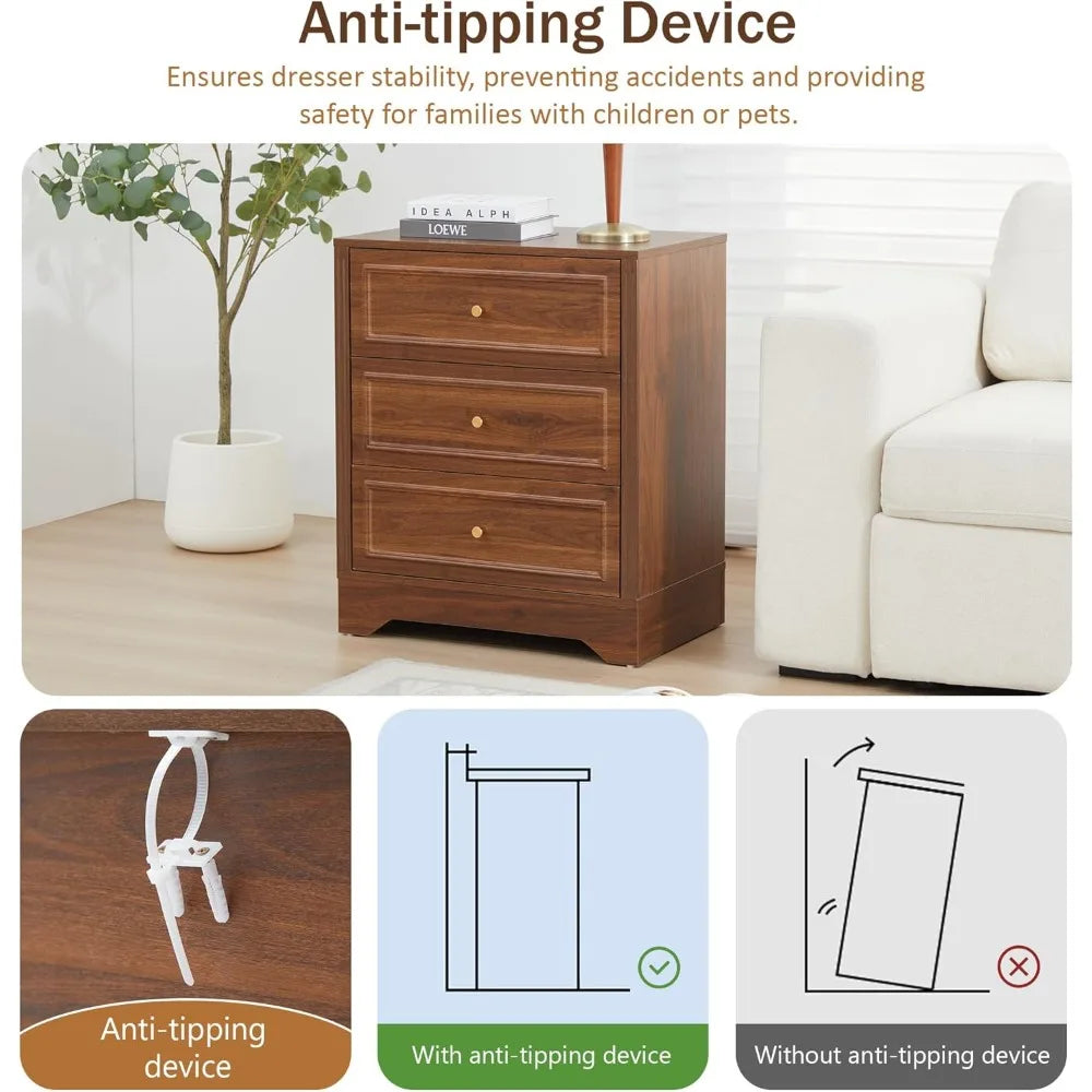 MKDK Farmhouse Nightstand With Three Drawers Carved Sides