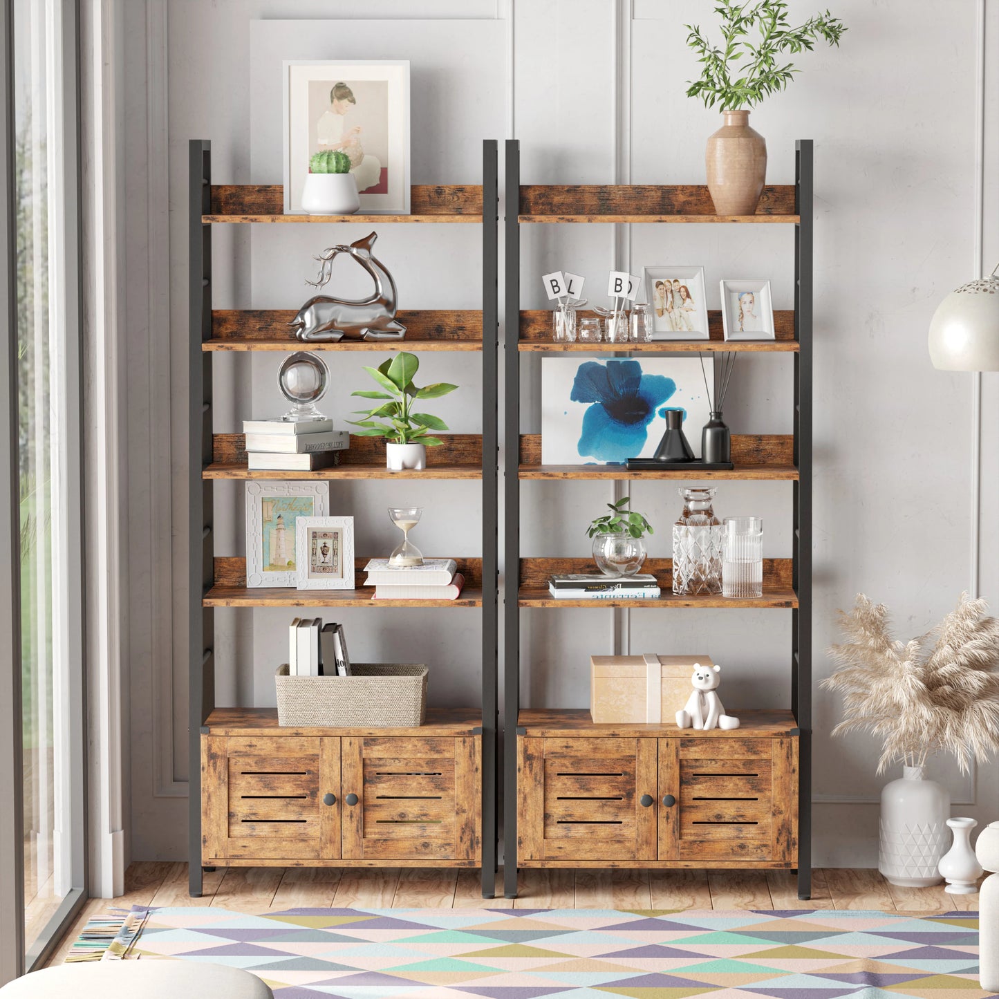 Ironck Bookshelf With Louvered Doors And Cabinet Storage