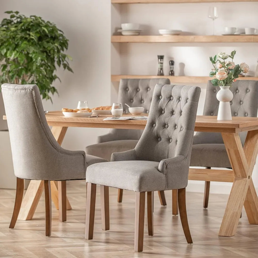 Wingback Fabric Dining Chairs Tufted Buttons Set Of Six