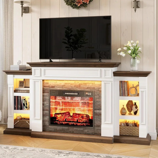 MKDK Electric Fireplace With Mantel And Storage Cabinets LED