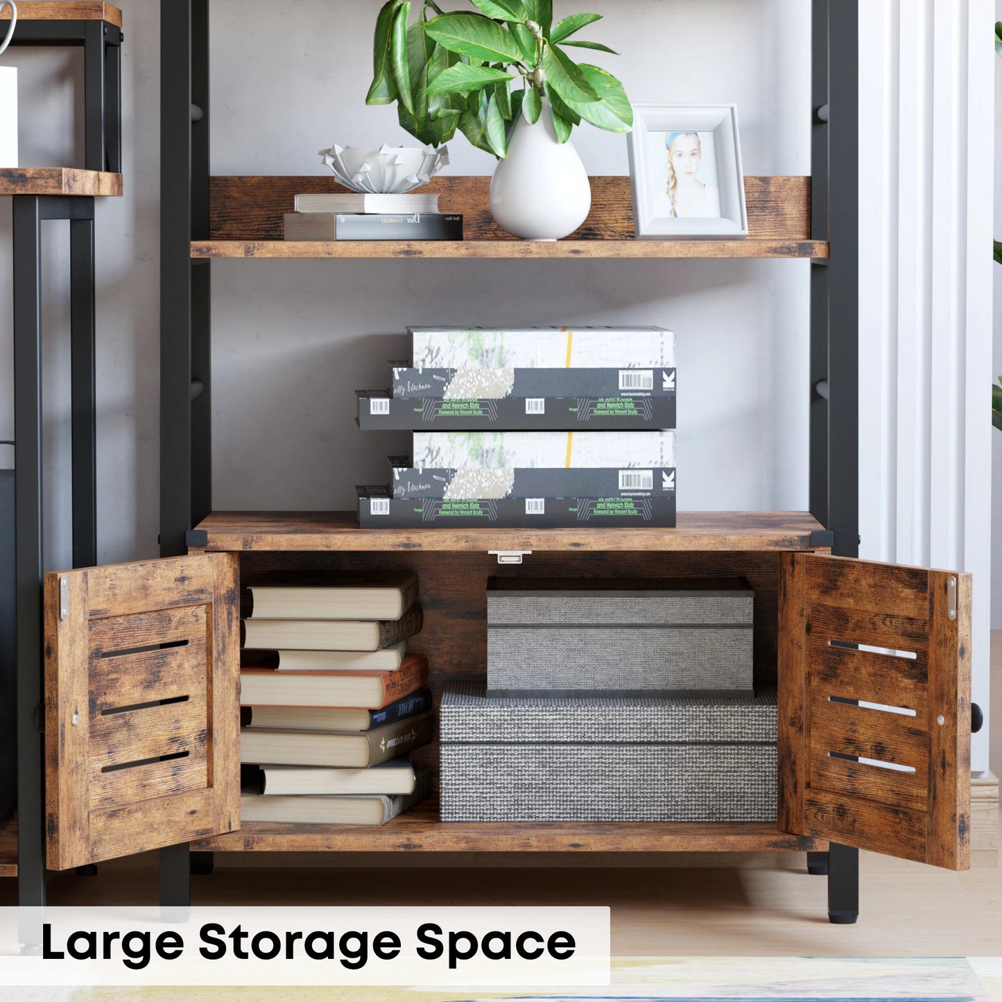 Ironck Bookshelf With Louvered Doors And Cabinet Storage
