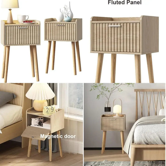 DAFIFY Nightstand Fluted Door Solid Wood Bedside Table