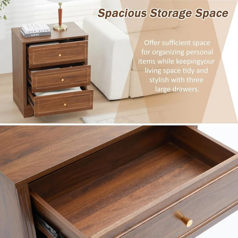 MKDK Farmhouse Nightstand With Three Drawers Carved Sides