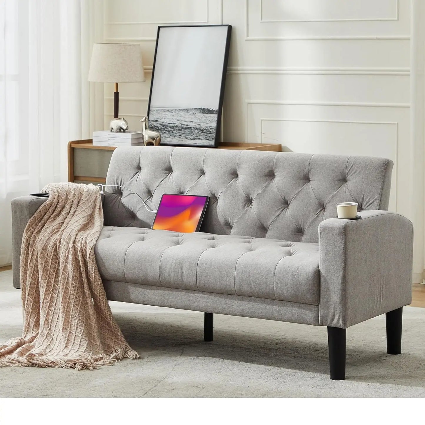 Zhuxiang Loveseat Sofa With Usb Ports And Cupholders