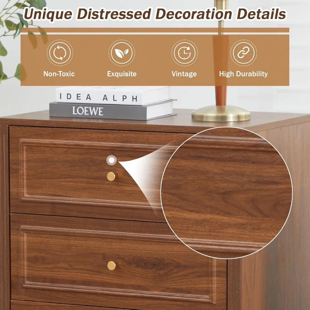 MKDK Farmhouse Nightstand With Three Drawers Carved Sides