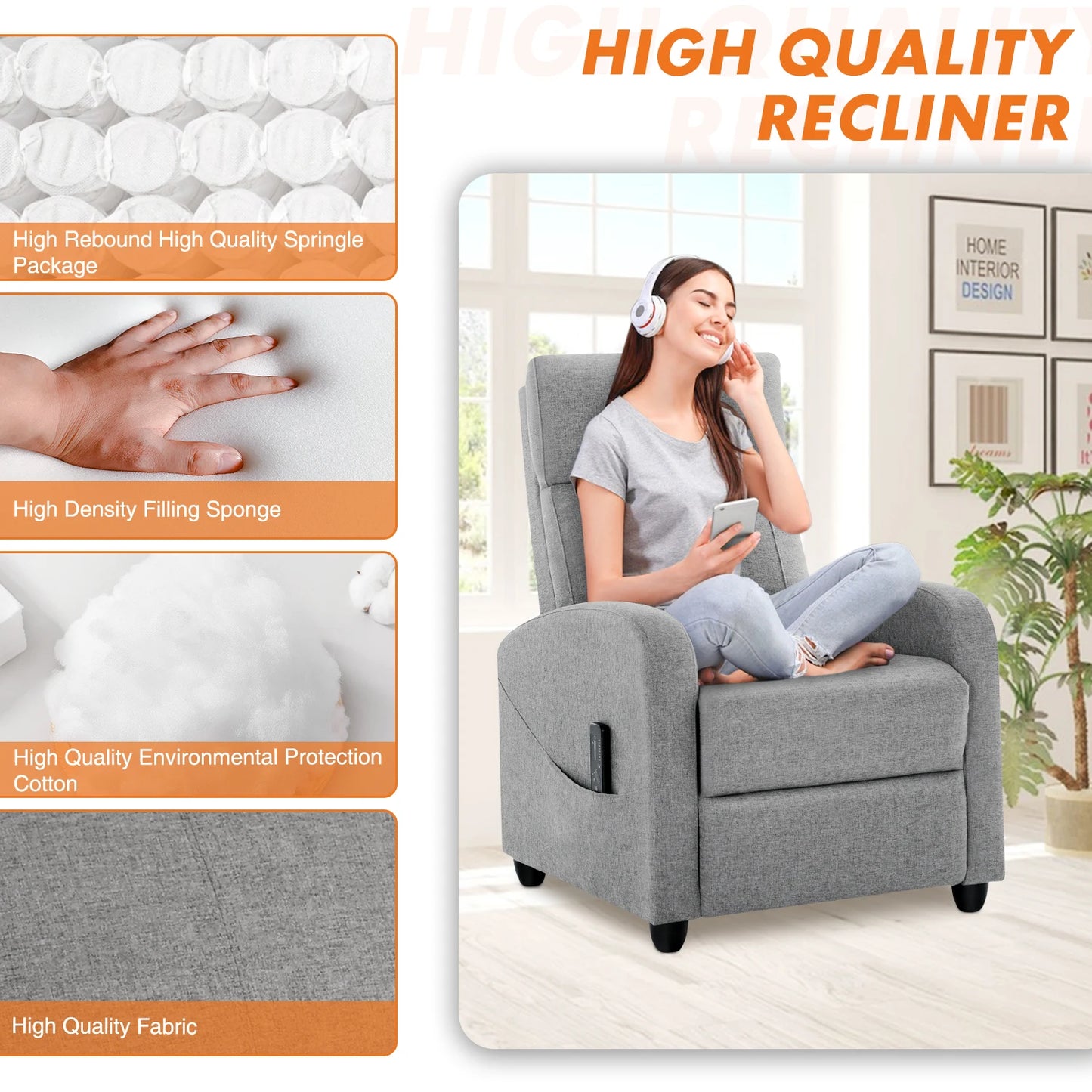 JHK Recliner Chair Massage Sofa With Adjustable Lumbar Support
