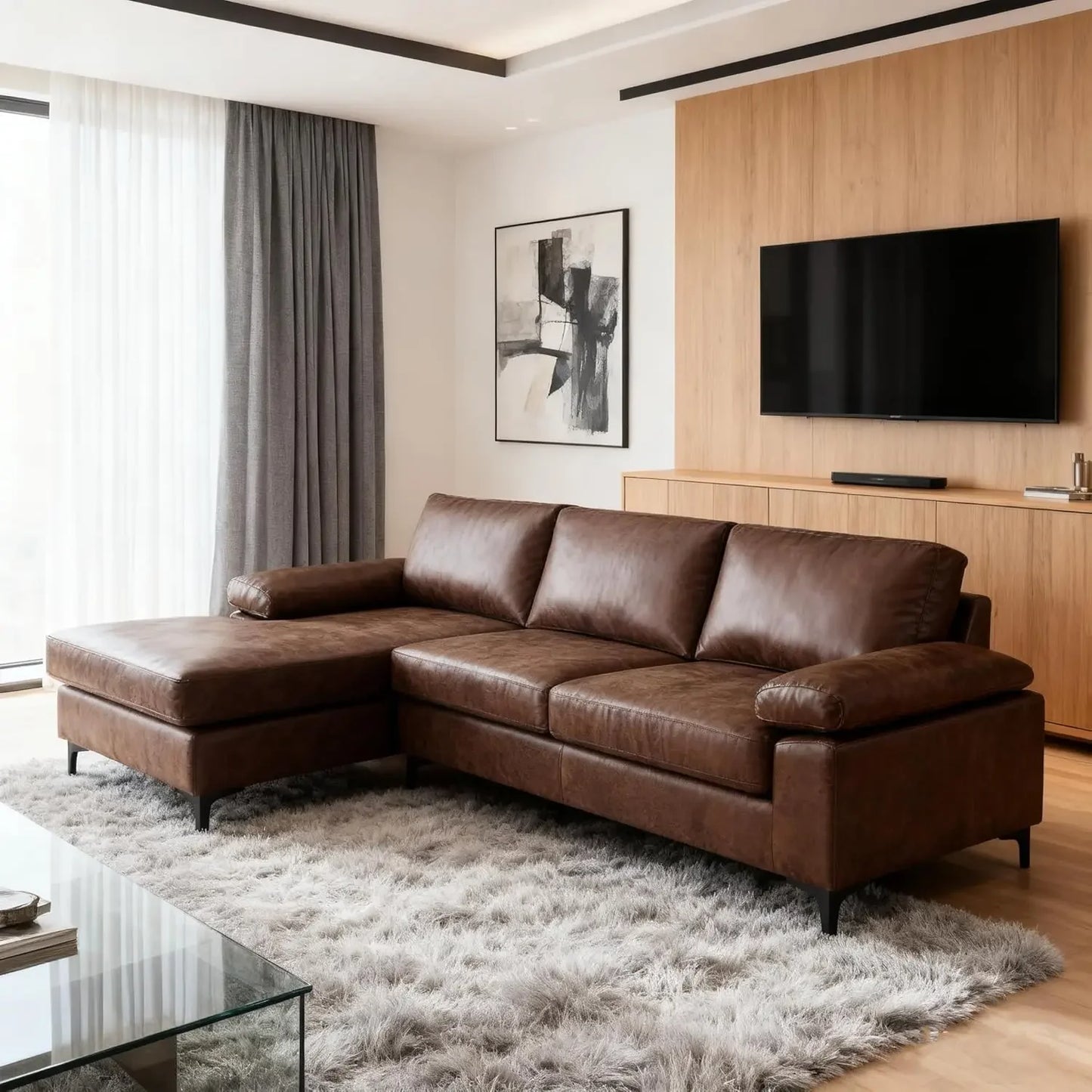 HUANZHUANG Modern Faux Leather Modular Sectional Sofa With Chaise