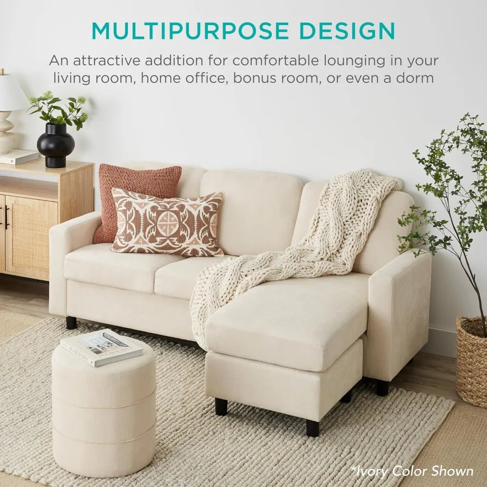 Upholstered Sectional Sofa for Home, Apartment, Dorm, Bonus Room, Compact Spaces w/Chaise Lounge, 3-Seat, L-Shape Design, Rever