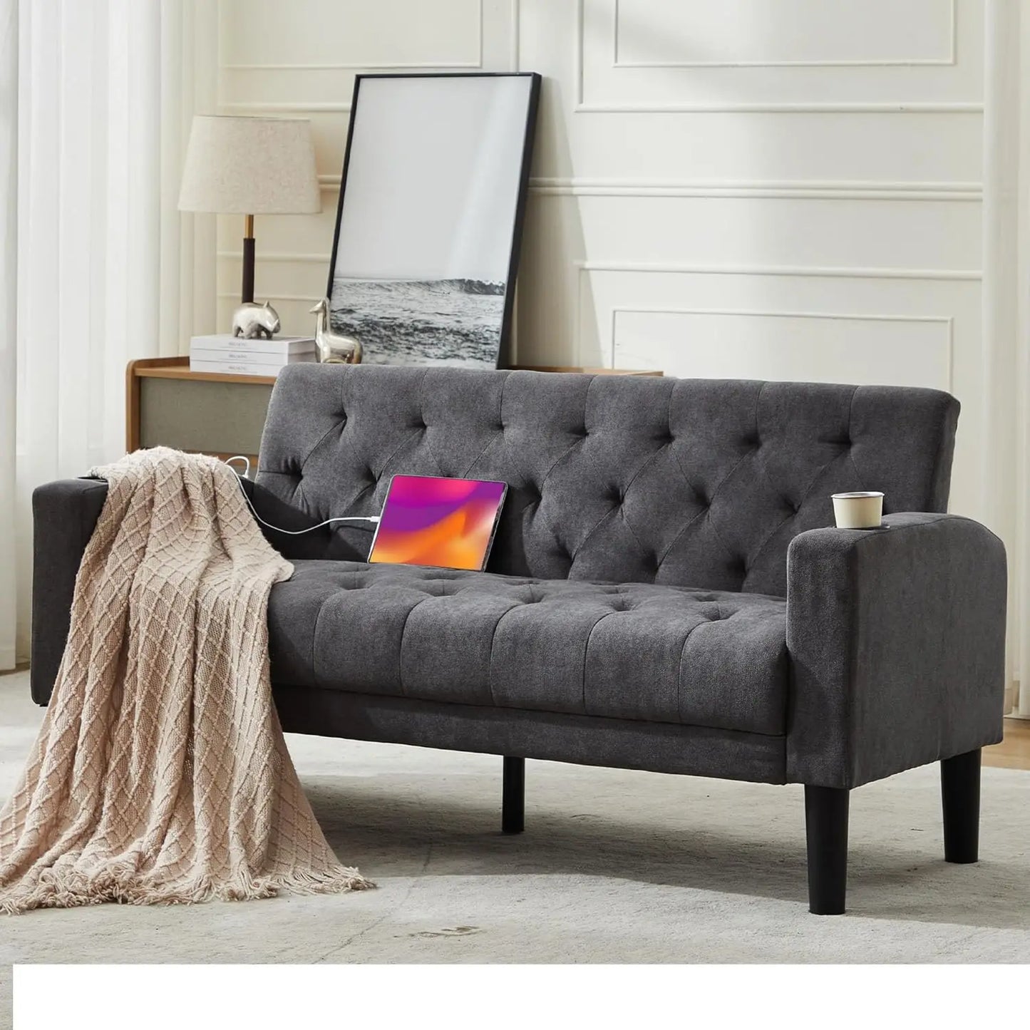 Zhuxiang Loveseat Sofa With Usb Ports And Cupholders